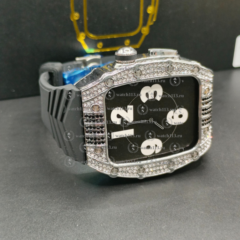Стальной корпус со стразами и каучуковый ремешок с клипсой для apple watch серебро с черным