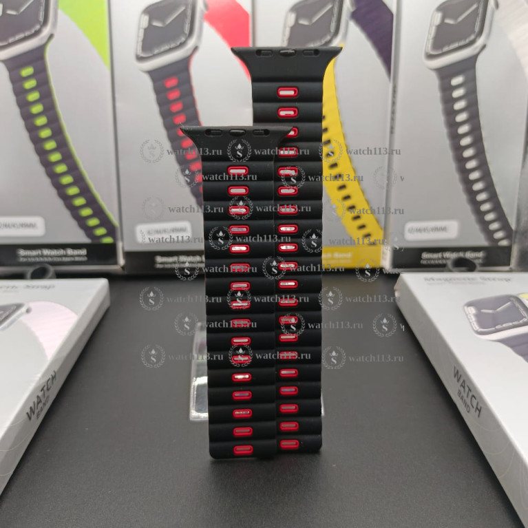 Магнитный силиконовый ремешок для Apple Watch 42/44/45/49 черный с красным