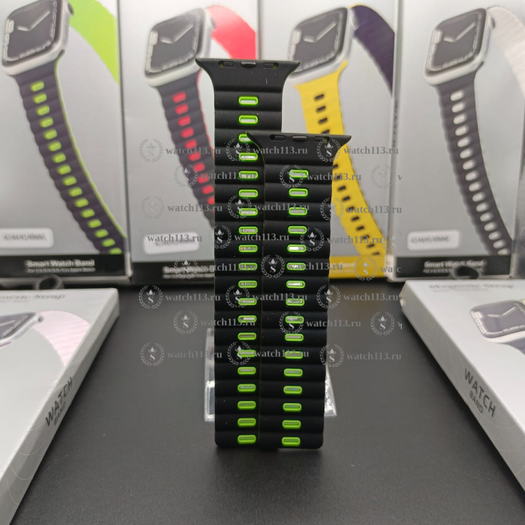 Магнитный силиконовый ремешок для Apple Watch 42/44/45/49 черный с зеленым
