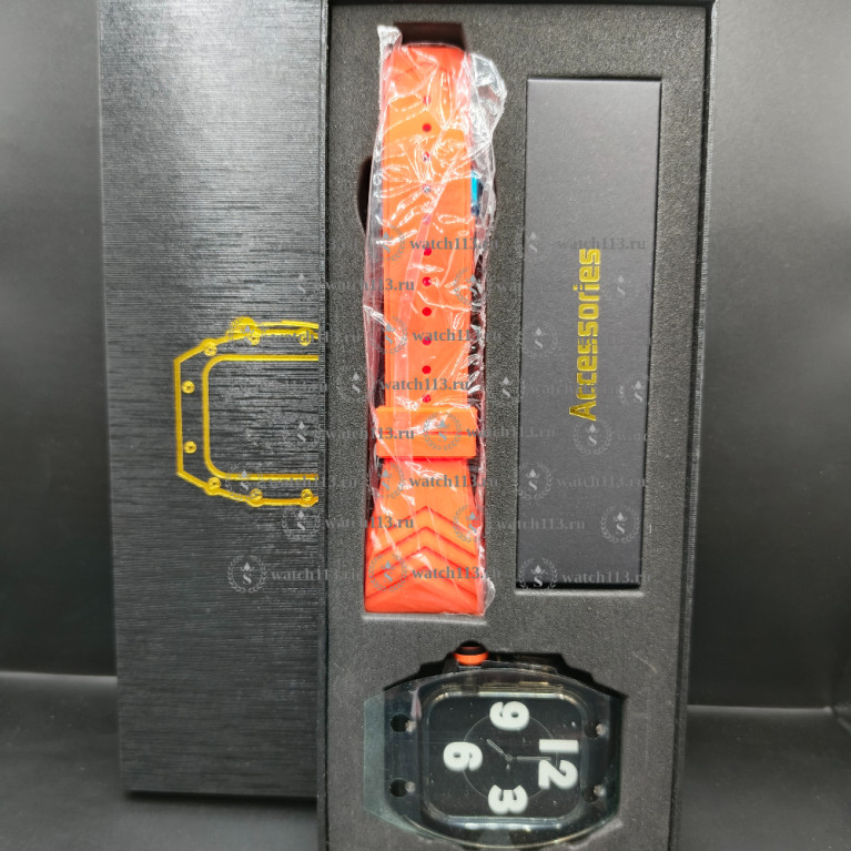 Пластиковый прозрачный корпус с силиконовым ремешком на клипсе для Apple watch черный с оранжевым
