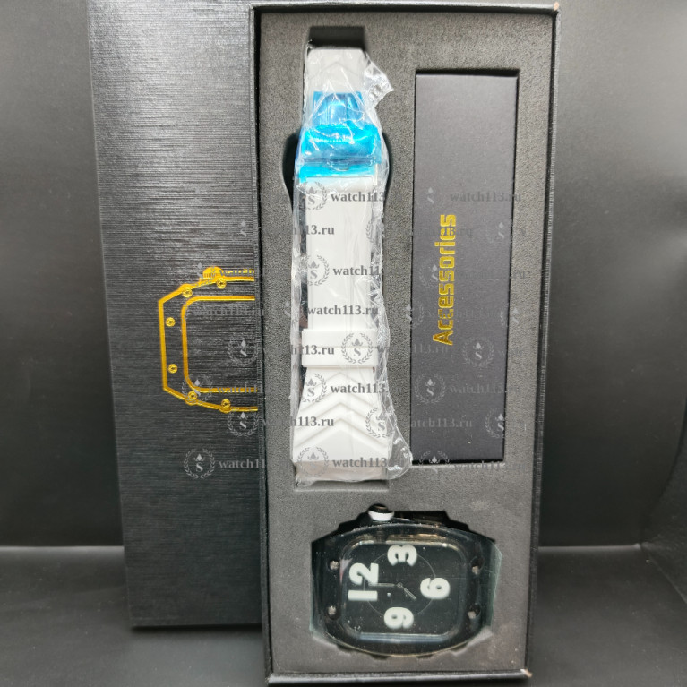 Пластиковый прозрачный корпус с силиконовым ремешком на клипсе для Apple watch черный с белым
