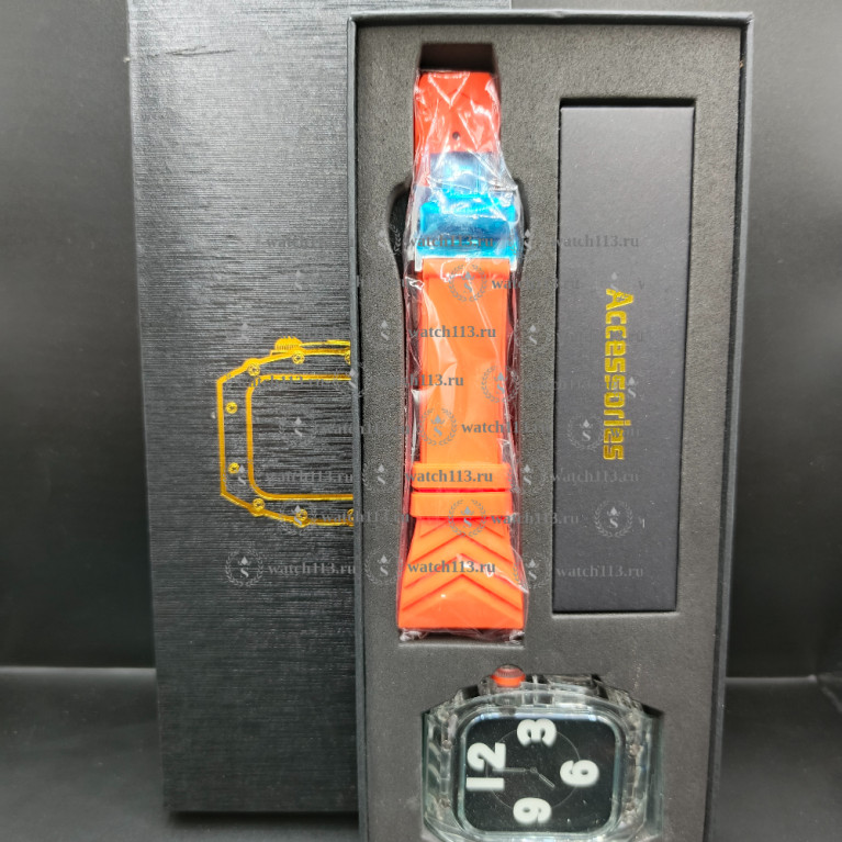 Пластиковый прозрачный корпус с силиконовым ремешком на клипсе для Apple watch белый с оранжевым