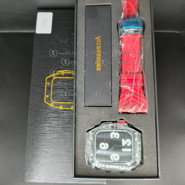 Пластиковый прозрачный корпус с силиконовым ремешком на клипсе для Apple watch белый с красным