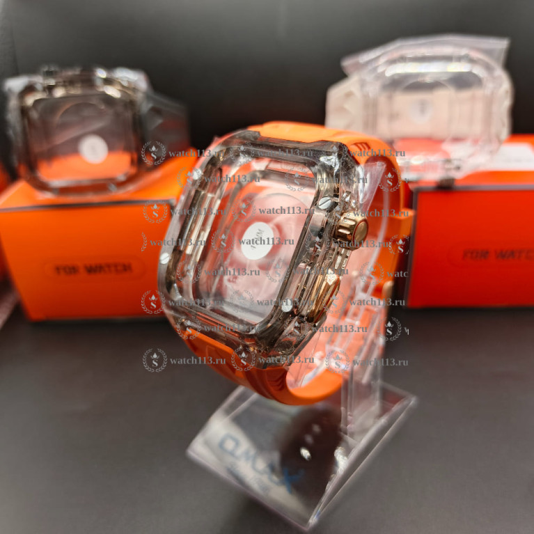 Защитный корпус с ремешком для Apple Watch с двумя крышками 44/45 черный прозрачный с оранжевым ремешком